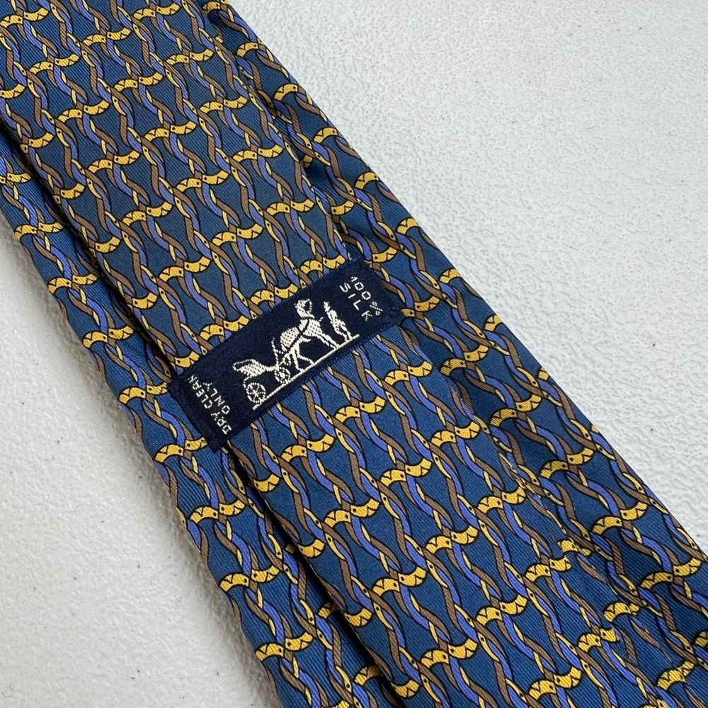 Hermes 7523 IA Mens Silk Necktie Blue Gold Geometric Pattern Made in France